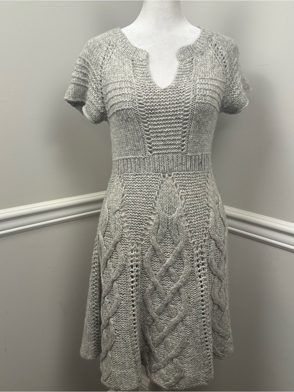 Free People Light Gray Cable Knit Midi Sweater Dress S